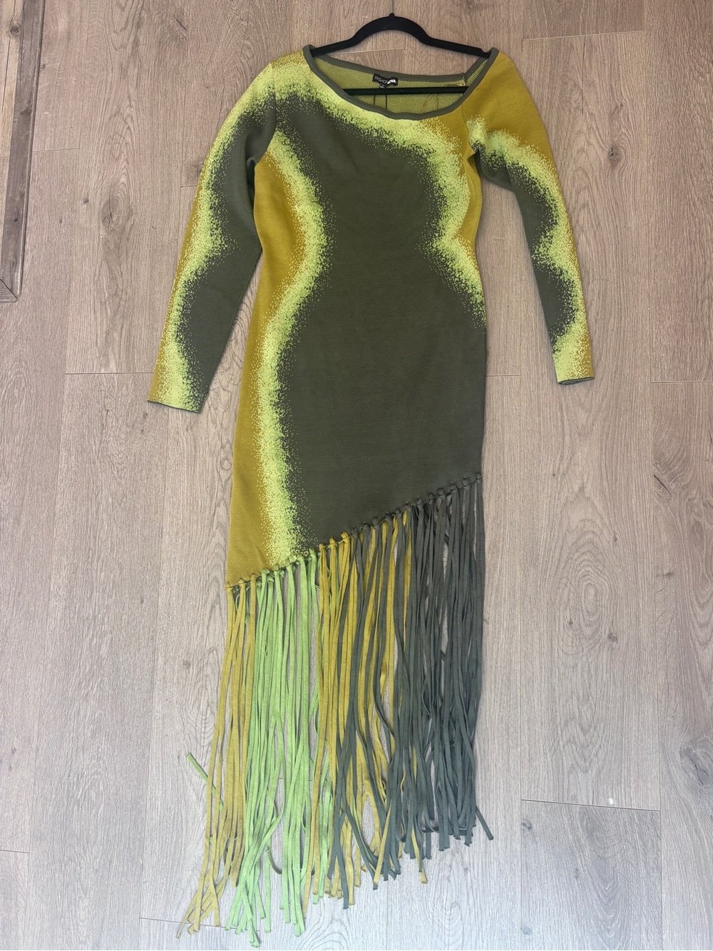 Green Ombre Fringe Long Sleeve Dress